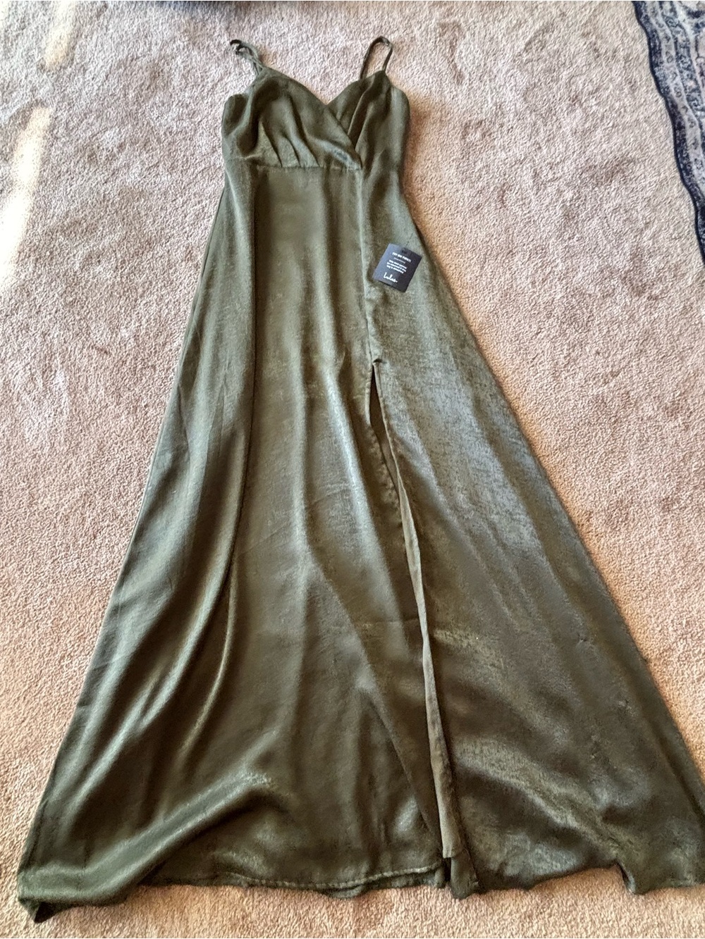 Lulu's Olive Green Satin Slip Maxi Dress with Slit